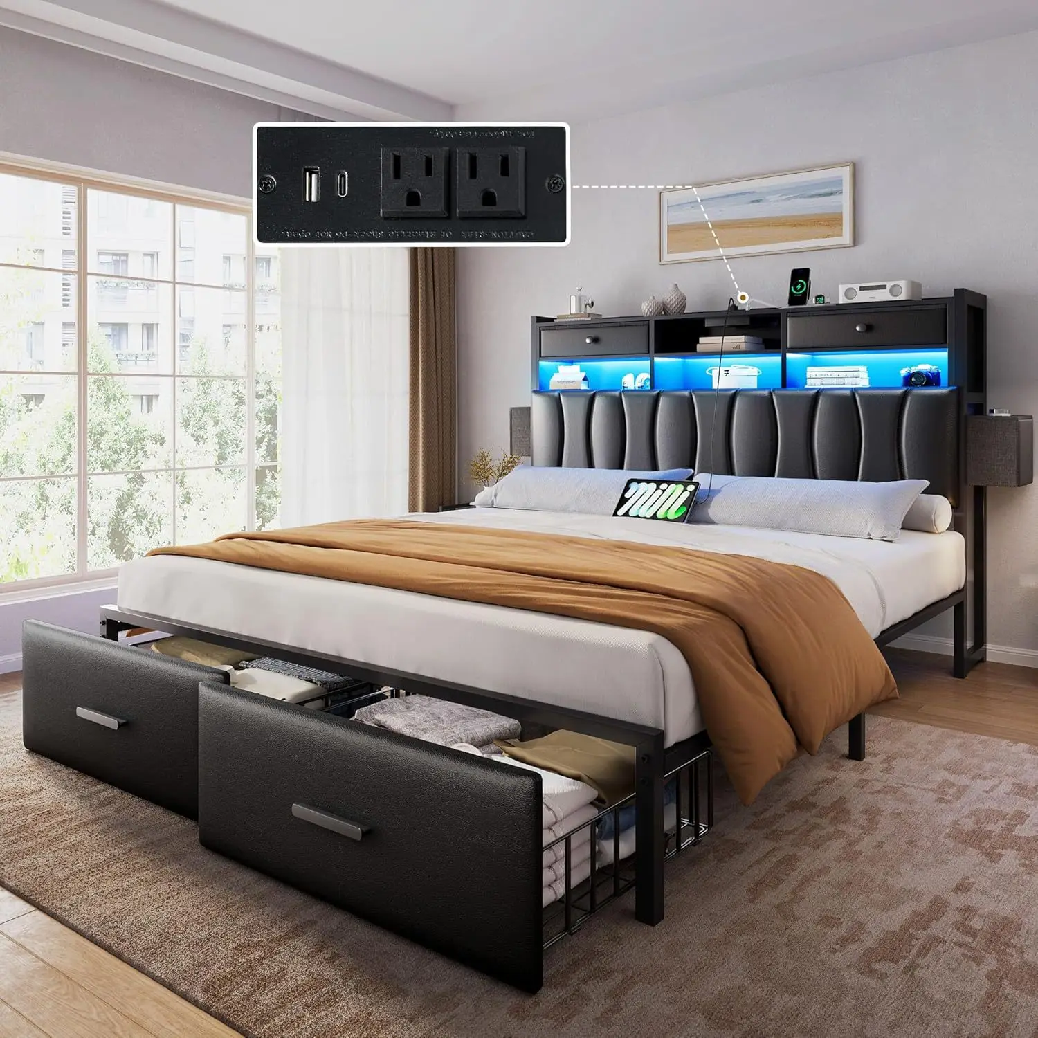 Bedroom bed frame with storage drawer LED light ambient light charging port soft bag backrest bed frame