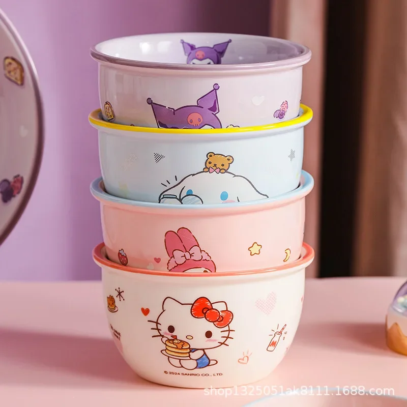 Sanrio Hello Kitty My Melody Anime Kawaii Ins miska ceramiczna Cute Cartoon Cinnamoroll Kuromi miska na zupę sztućce prezenty dla dzieci