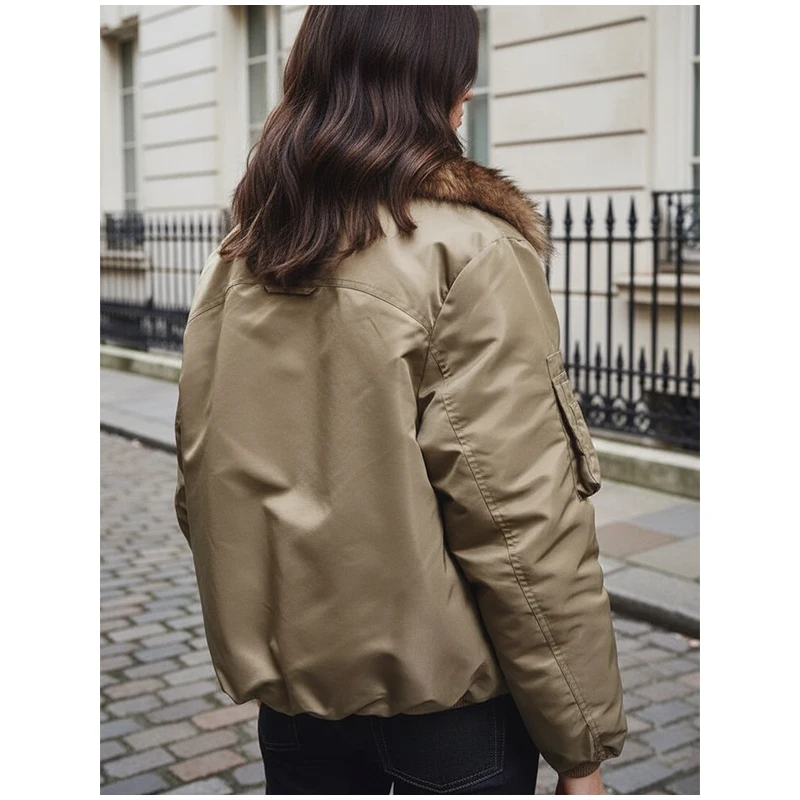 سترة قصيرة برباط وياقة من الفرو سترة غير رسمية متينة وأكمام طويلة وسحاب فضفاض للنساء سترات دافئة 2025 ملابس خارجية للتنقل في الشتاء #5