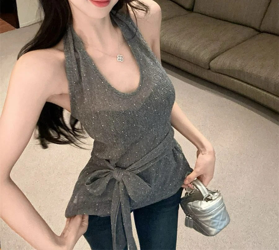 

2025 Vintage Gray Sequin Exposed Back Hanging Neck Vest with Summer Straps Slim Fit Perspective Sleeveless Top