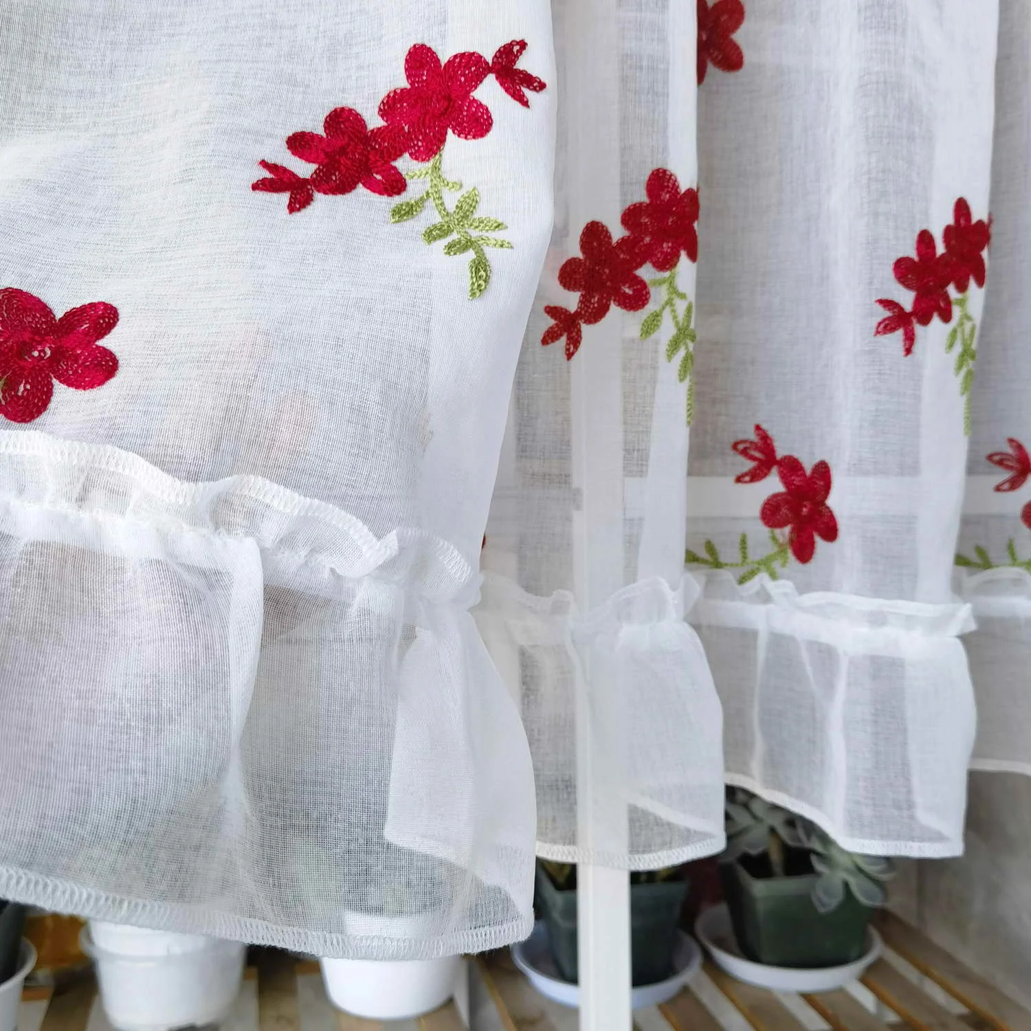 Lace Curtain For Kitchen Red Floral Tulle Curtain For Bay Window Short Curtain Door Partition Cabinet Sheer Drape DL-WP261#40