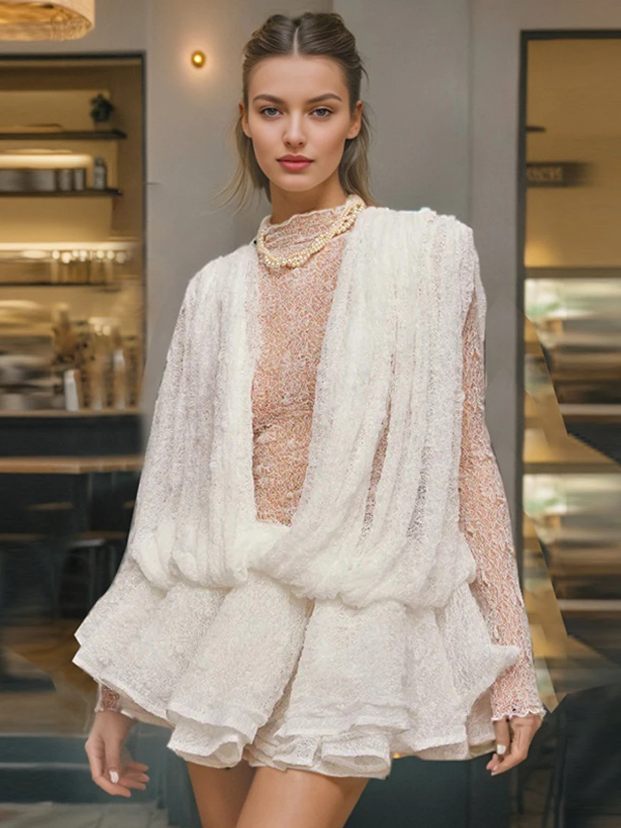 

Белое свободное женское платье с длинными рукавами, прозрачное, кружевное, короткое, для повседневной носки, на день рождения, из полиэстера