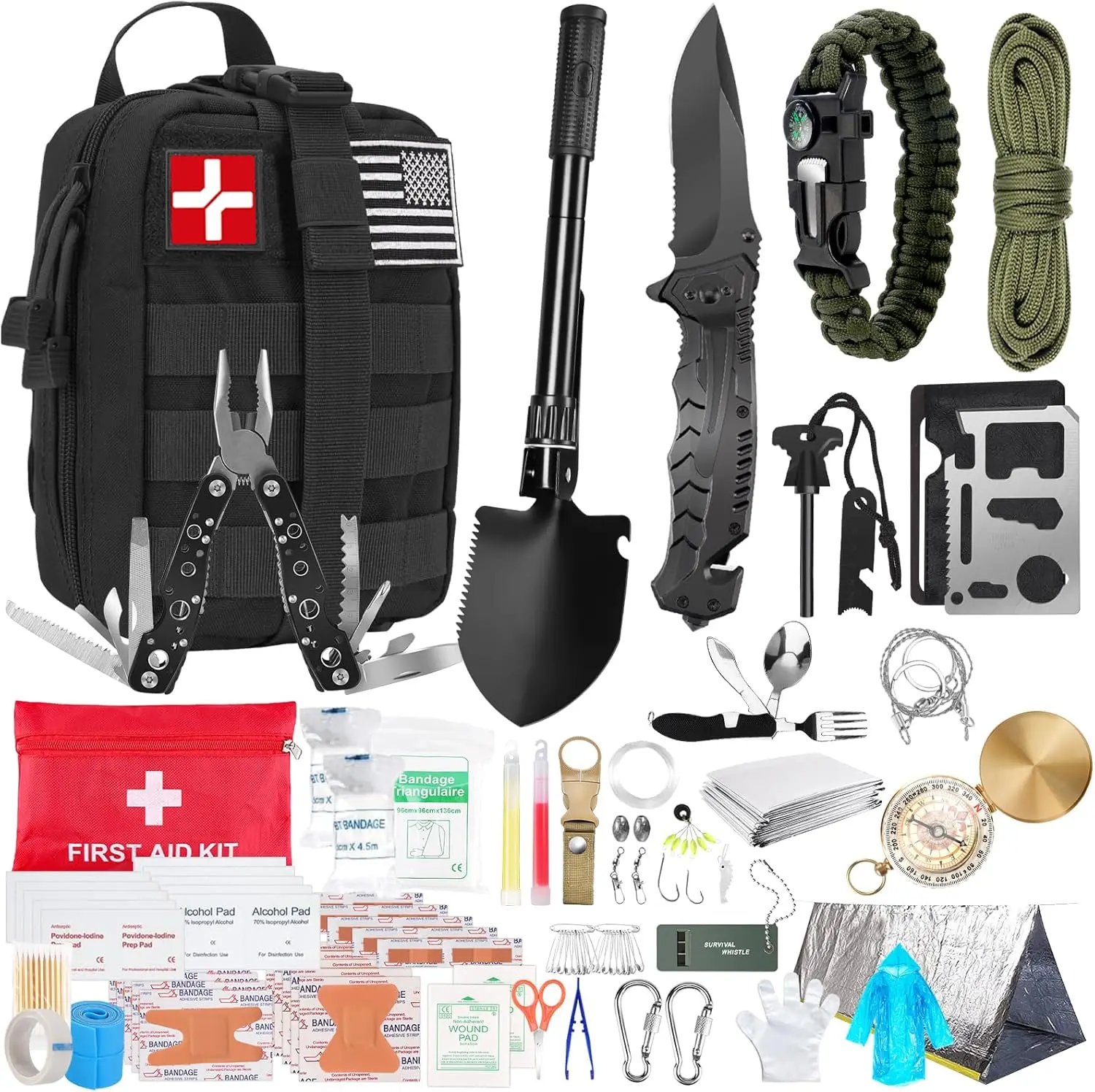 Kit de Supervivencia y Primeros Auxilios de 236 Piezas con Bolsa Táctica MOLLE para Aventuras al Aire Libre, Camping, Senderismo, Caza - Equipo Esencial