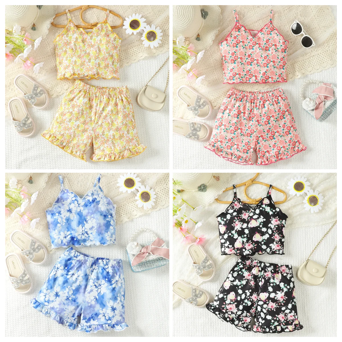 2PCS Summer Kid Girls Lovely Clothes Set Floral Sling Top with Shorts Fresh Pastoral Daily Casual Costume Childre Girl 4-7 Years