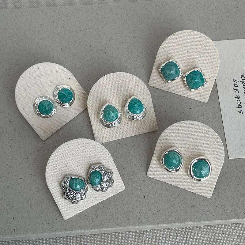 Minar Textured Natural Stone Kallaite Geometrical Water Drop Square Irregular Stud Earrings for Women Lady Silver Plated Copper