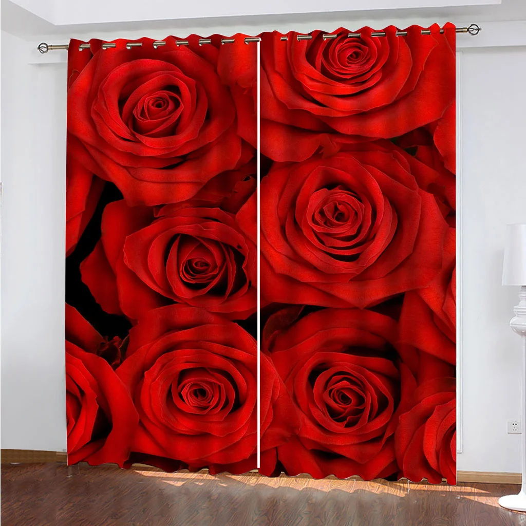 Living Room Decoration 3D Botanical Red Roses Bedroom Winodw Curtains Set, Shade Curtain, 2 Pieces Free Shiping Girl Kids Gift