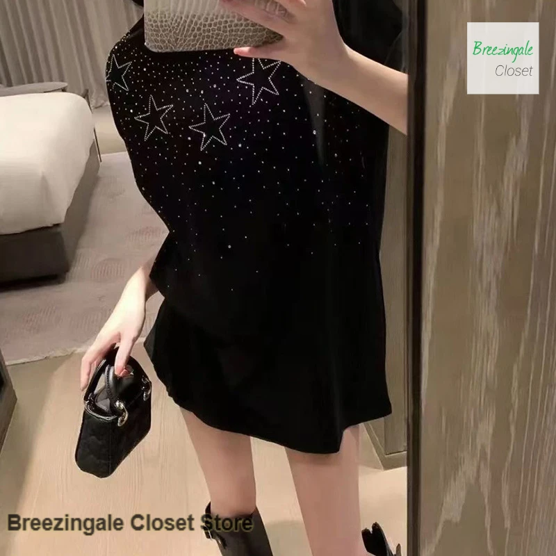 

French heavy industry five-pointed star rhinestone white cotton round neck T-shirt female summer new fashion Joker loose top.