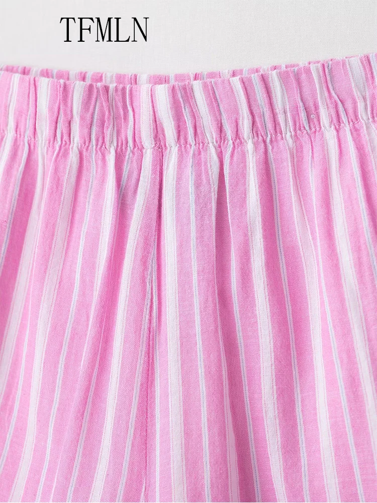 TFMLN 2025 Summer Women Striped Blouse Short Sets Simple Causal Single Breasted Loose Tops Elastic Waist A-line Short Outfits