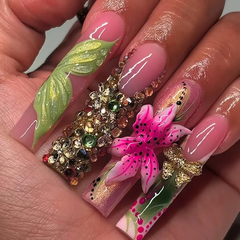 

10Pcs Long Y2K Press on Nails 3D Flower Full Cover Fake Nail Art Gold Glitter Rhinestone Decor Acrylic Nail Tips for Women Gift