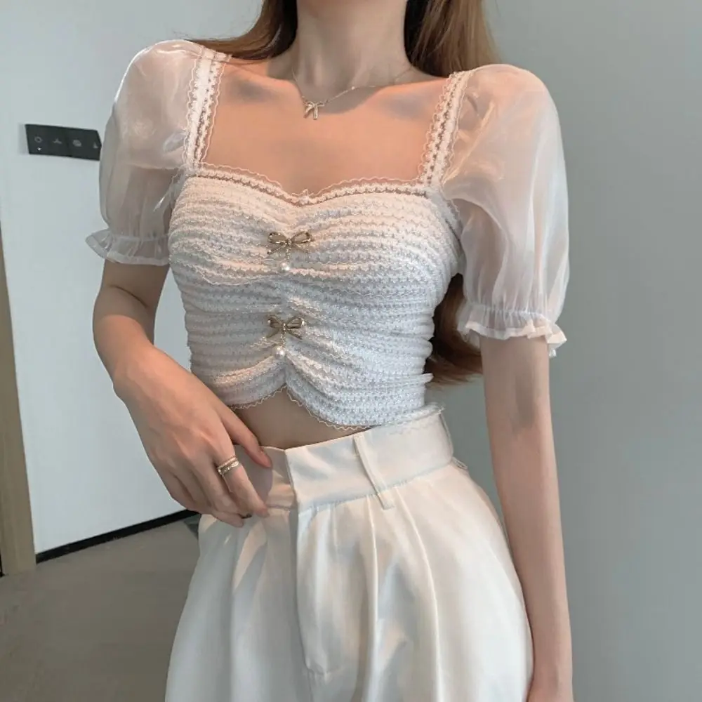 

Pleated Puff Sleeve Crop Top Spicy Girl Style Knitwear Lace Bow Knit T-shirt Slim Fit Female Clothing Sweet Top Women Female