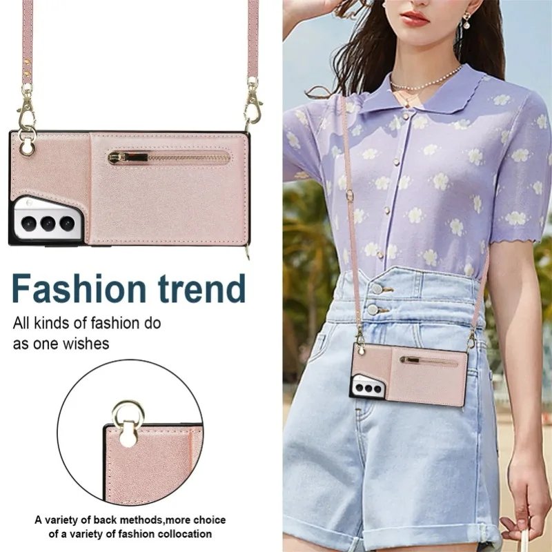 Zipper Wallet Case for Samsung Galaxy S21 S23 FE S22 S24 S25 S26 Plus Note 20 Ultra Card Holder Lanyard Crossbody Leather Cover