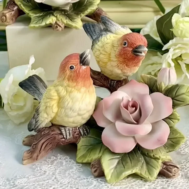 

Yellow Ceramic Flower Bird Lovers Figurines Home Decor Garden Ornament Crafts Room Decoration Porcelain Animal Figurine Gift