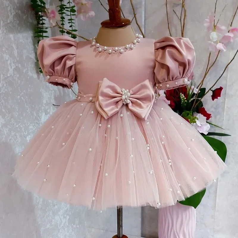 Customized Euramerican Exquisite Pearl Apliques Design Birthday Party Vestidos Puff Short Mesh Cascading Dresses Sweet Pink Shor