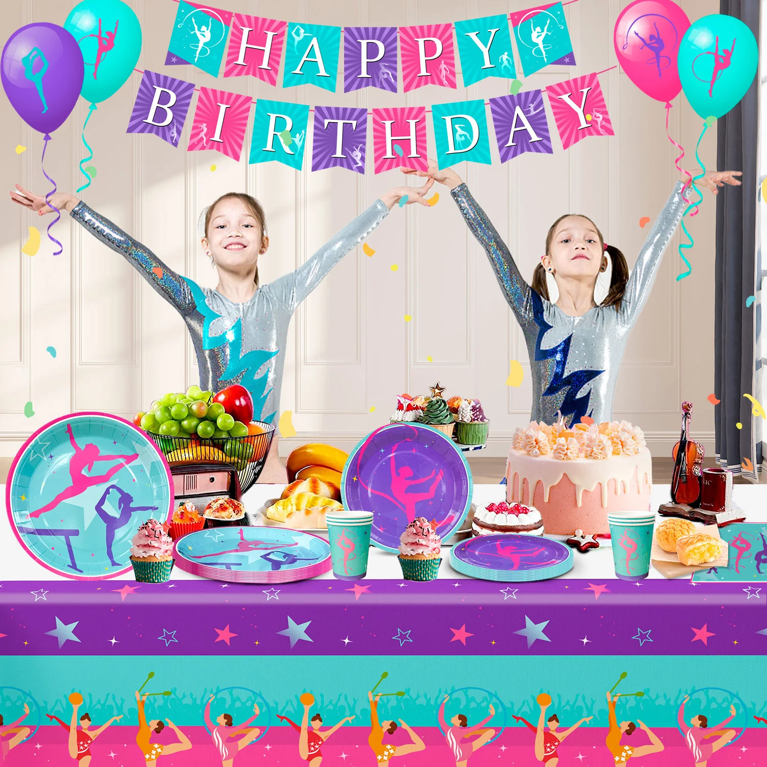 143 Pcs Gymnastics Party Decorations & Tableware Set - Gymnastics Party Plate Balloon Banner Etc Gymnastics Birthday Party Suppl