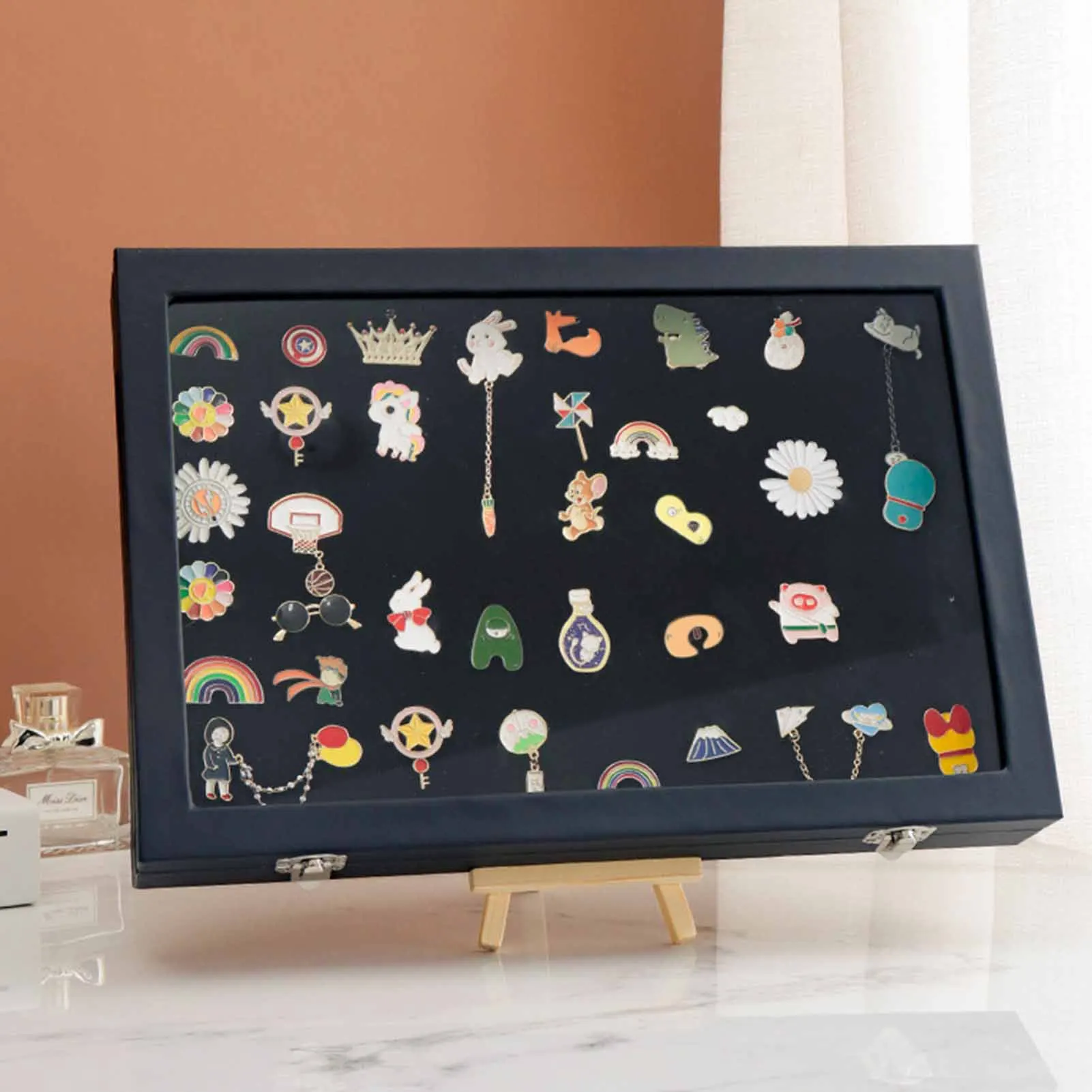 Deluxe Badge Display Case Transparent Glass Top Dustproof Collector Storage Box for Pins Medals Jewelry Home Shop Exhibition