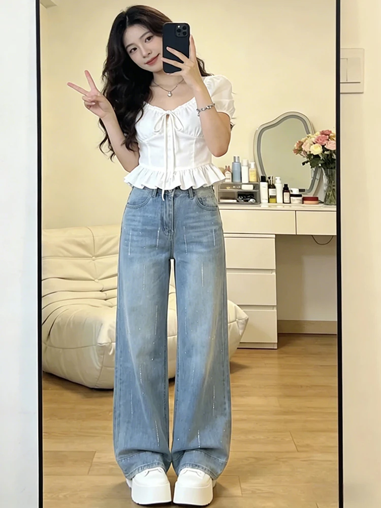 

High Waist Straight Leg Denim Jeans Women's Spring 2026 New Sle Slimming Drapey Loose Casual Wide Leg Pants Glittering
