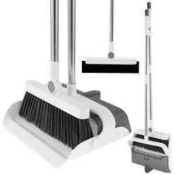 2/3Pcs Broom and Dustpan Set with Adjustable Handle Space Saving Standing with Double Scraper Teeth Flexible Folding Sweeping