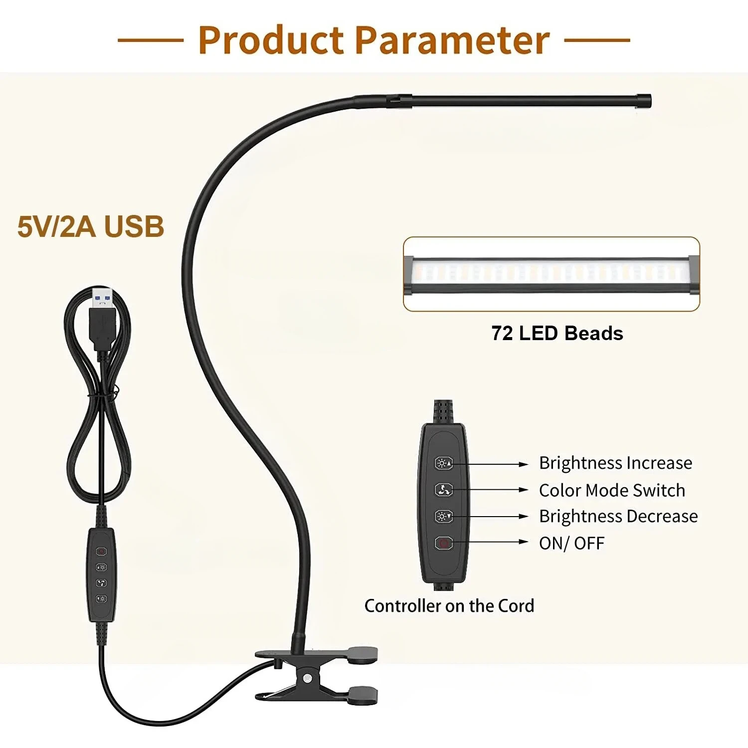 Imagem -02 - Lâmpada de Mesa Led de 10w com Braçadeira Regulável Clipe na Luz de Leitura 10 Nível de Brilho Modos de Iluminação Flexível Lâmpada de Mesa de Estudo Usb