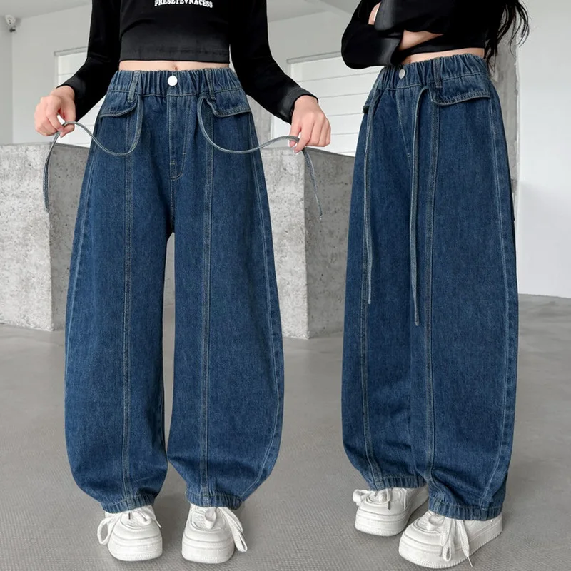 New Autumn Girls Patchwork Curved Jeans for Tween Kids High Fashion Street Denim Pants Children Stylish Jeans Trousers 4-15 Y