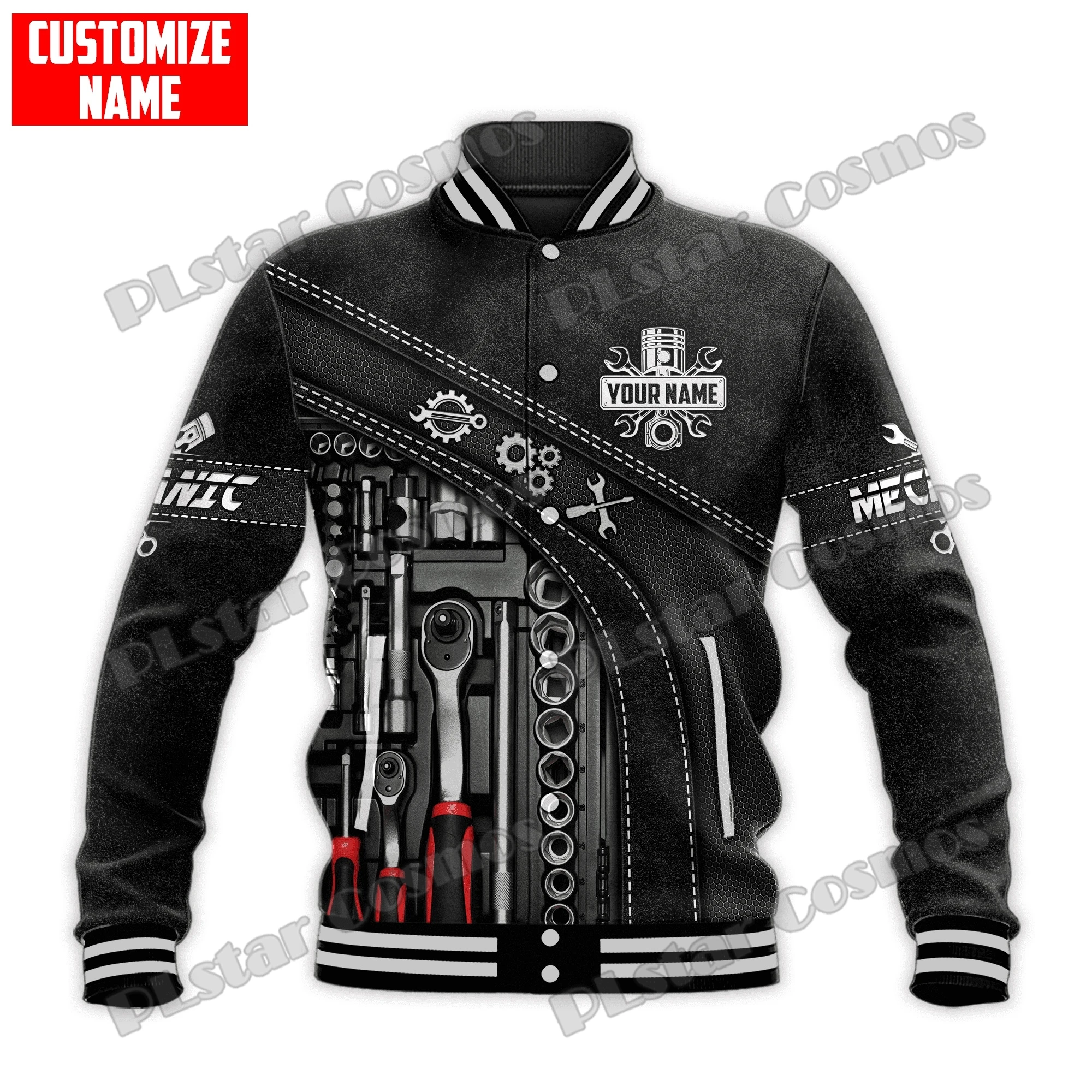 Personalized Name Mechanic Metal Pattern 3D Printed Men's Baseball Varsity Jacket Unisex Casual Winter Baseball Jacket BQF05