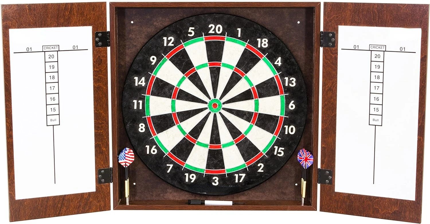 

Brighton Bristle Dartboard Cabinet Set with Regulation Size Bristle Dartboard, Steel Tip Darts, and Dry Erase Boards Bowa Archer