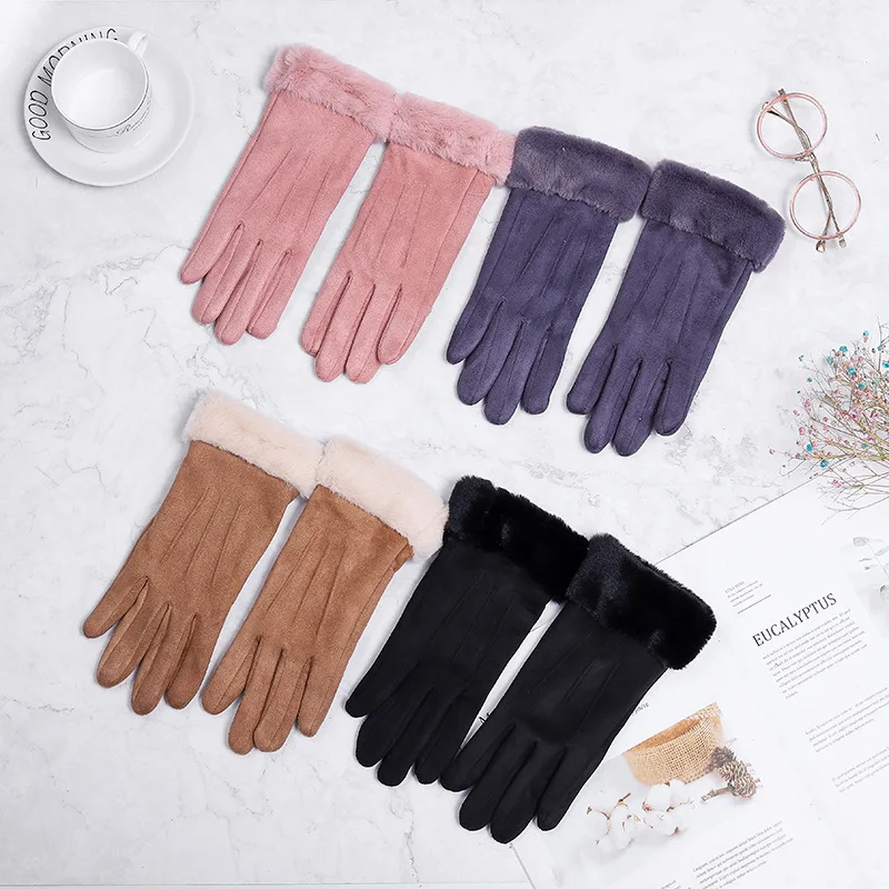 Winter Keep Warm Touch Screen Gloves Plus Velvet Inside Suede Women Gloves Fashion Simple Cold Protection Thicken Outdoor Gloves