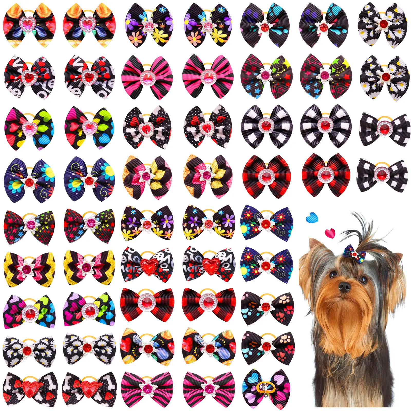 20pcs Pet Dog Hair Bows Heart Print Diomand Pearl Decorate Dog Headwear Rubber Band Hair Accessories for Small Dogs Supplies