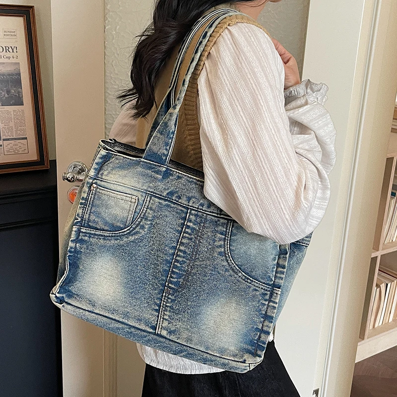 

Женские джинсовые сумки-тоут большой вместимости, высококачественные женские сумки через плечо, повседневные женские однотонные большие сумки для покупок