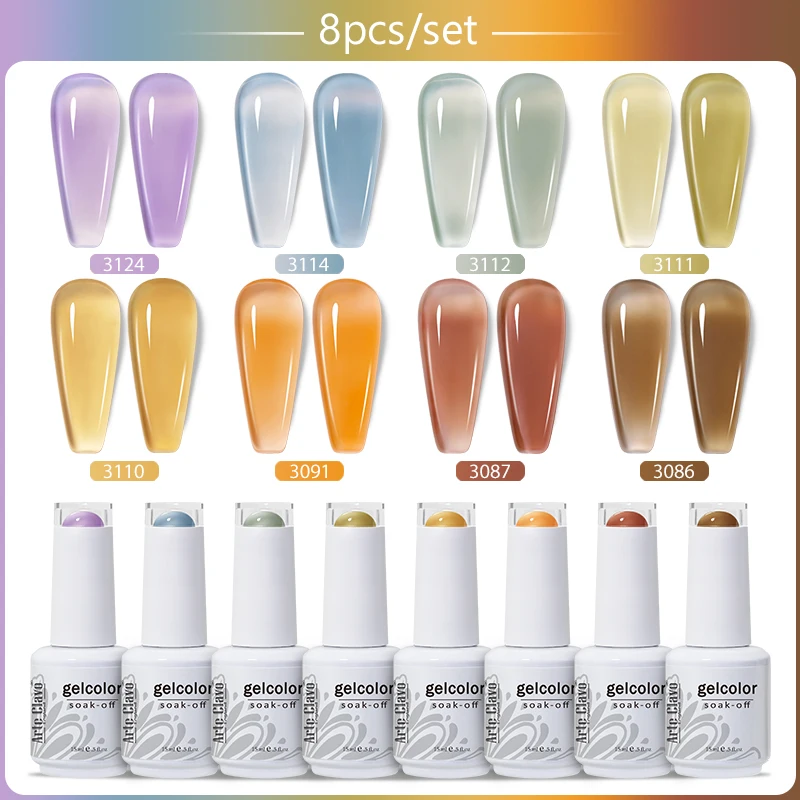 Arte Clavo 8Pcs Gel Nail Polish Winter Set Nail Art Soak Off UV Gel Colorful Kit Semi Permanent Hybrid Gel Varnish Base Top LED