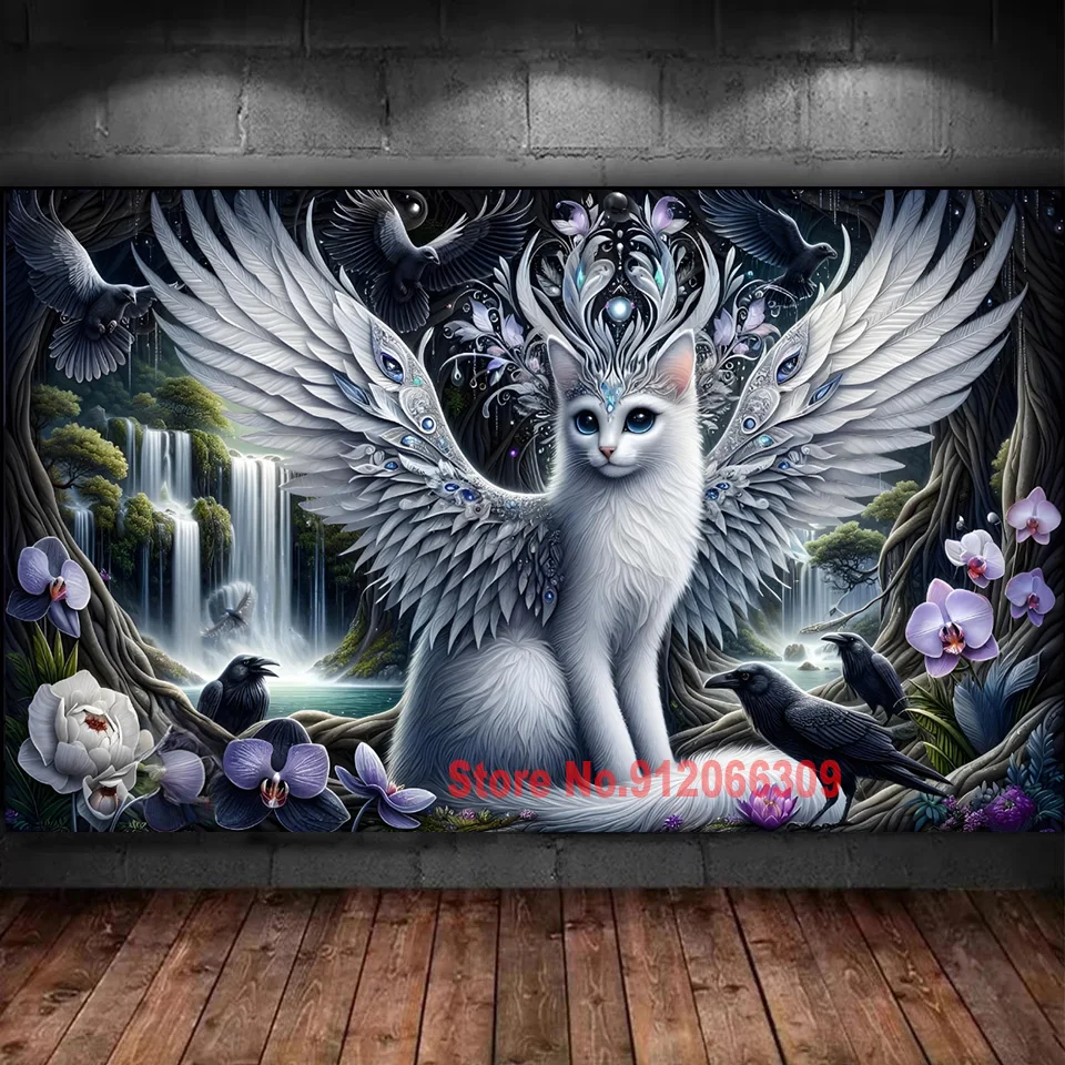 Stunning Vibrant jungle white Wings Cat Diamond Painting Kit-DIY Psychedelic Animal Fantasy Waterfall Flower Craft Mosaic art