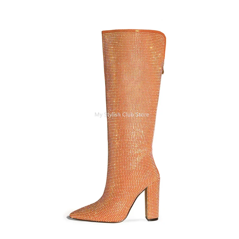Rhinestone Boots Woman Orange 11Cm Square Thick Heels Shoes Straight Tube Full Diamond Knee Boots Europe Elegant Morden Boots image 4