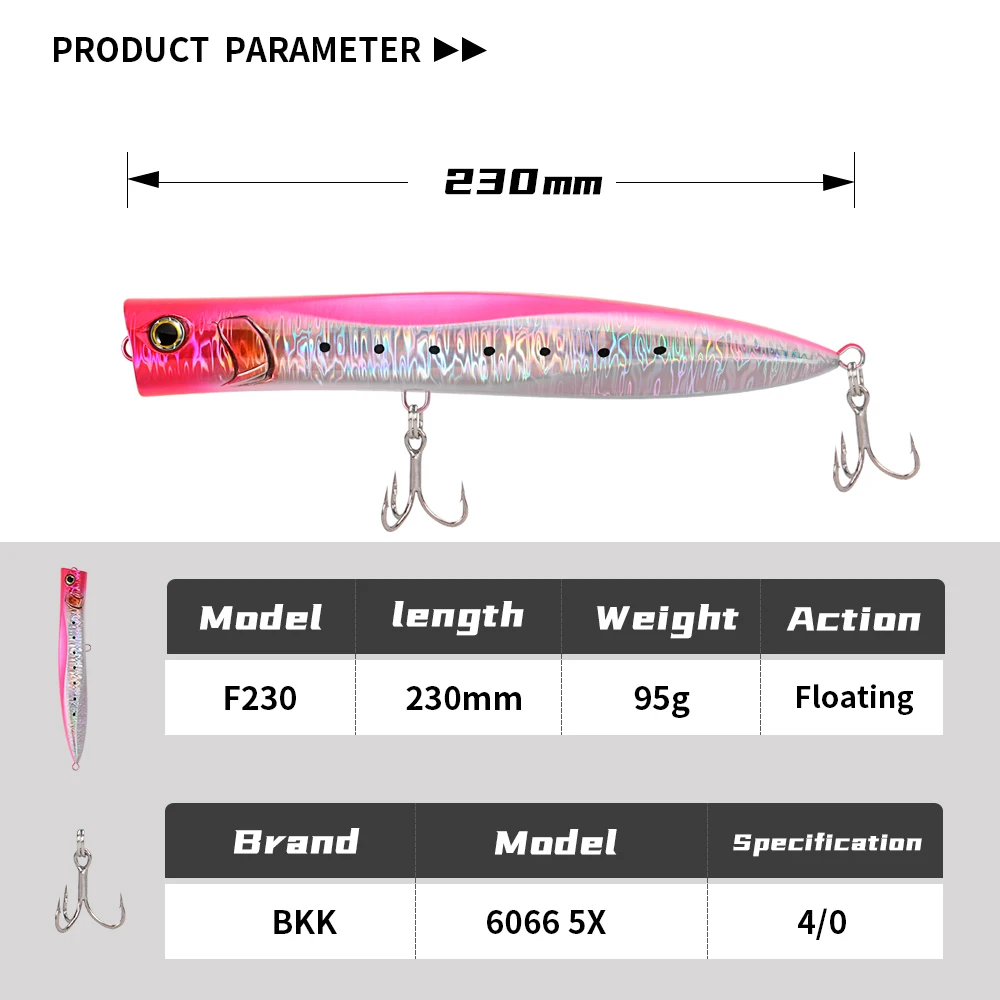 JIGGING PRO Big Popper Wobbler Fishing Lure Floating Bait 230mm 95g Topwater Trolling Artificial Plastic Hard Bait