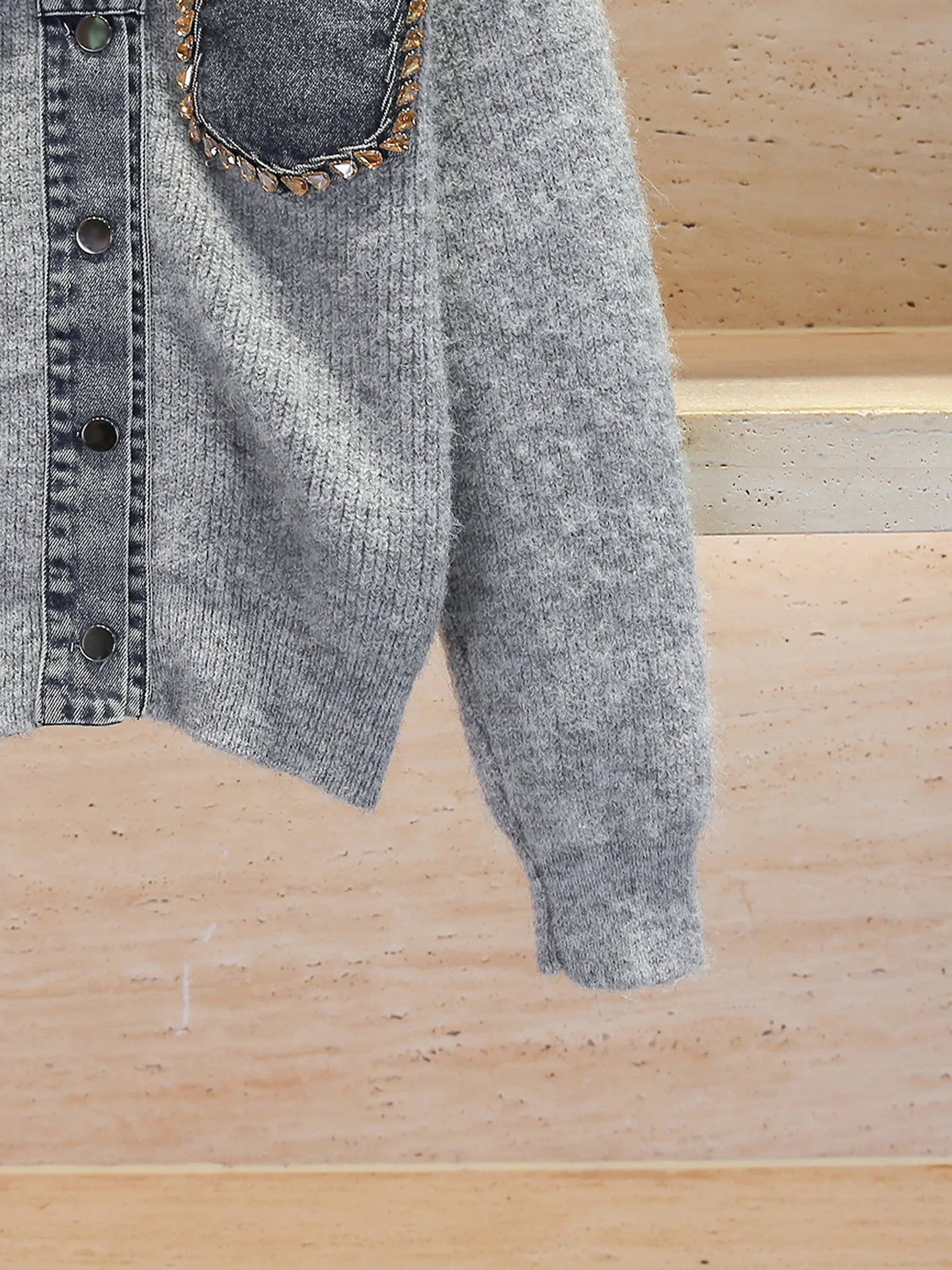 الراقية المرأة الدنيم سترة مشغولة من الصوف معطف مع حجر الراين طوق الخريف الشتاء Faion Ele تخفيف Sle المتوسطة Softn