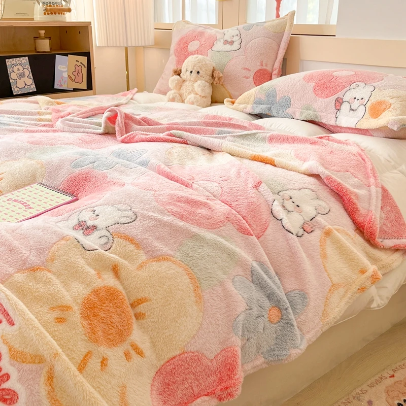 Colorful Flowers Throw Blanket Groovy Coral Velvet Soft Blankets Cute Rabbit Blanket Warm Fleece Cozy Couch Chair Sofa Supplies