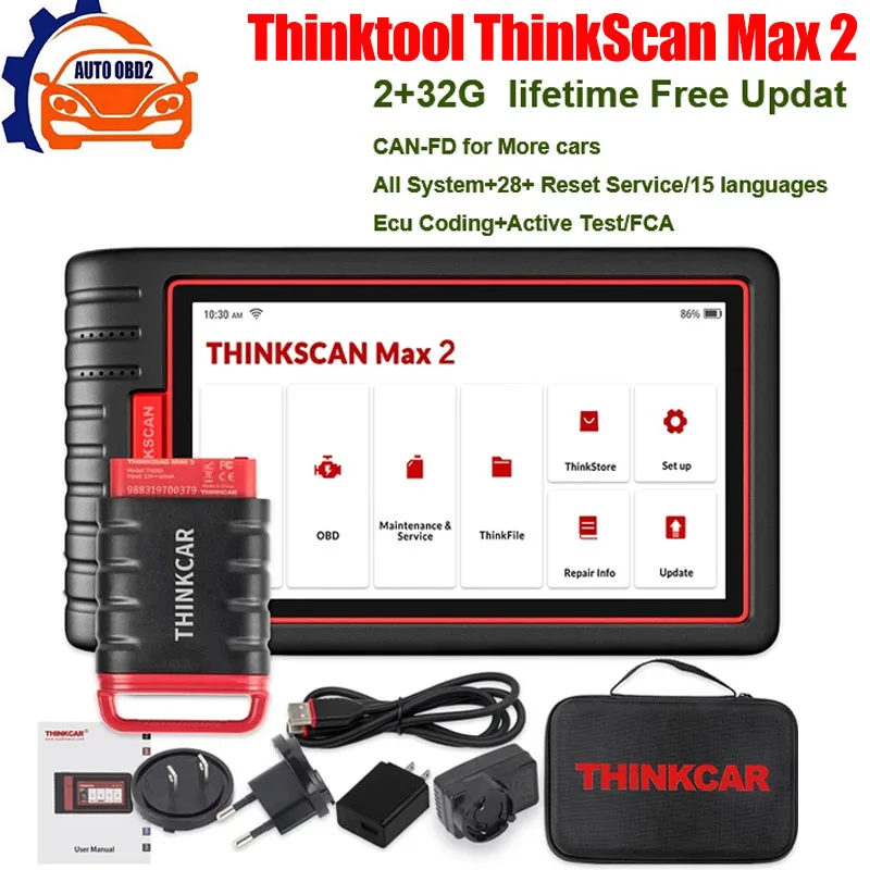 

THINKCAR Thinktool ThinkScan Max 2, безжизненный безрамочный сканер с автофокусом, DPF, IMMO 28, сброс, кодирование ЭБУ, OBD2 сканер с поддержкой CANFD для GM