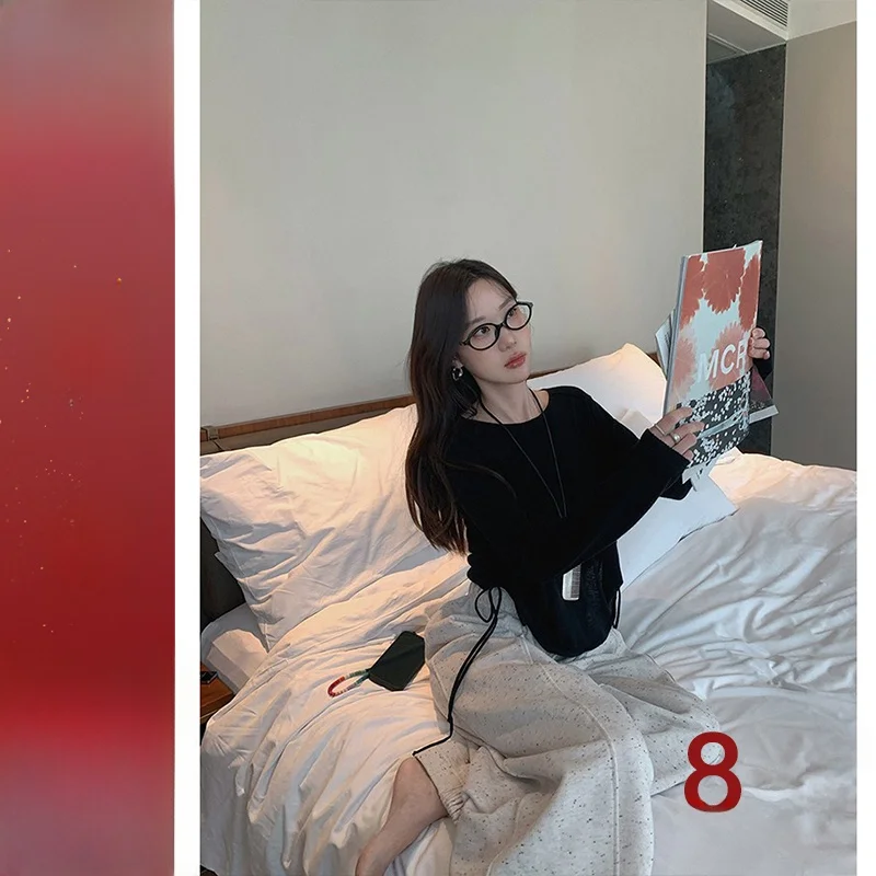 

Classic Return Zhang Beibei High Wool Camere Casual Design Long Sve round Ne Dstring Knitted Sweater Women's Faion