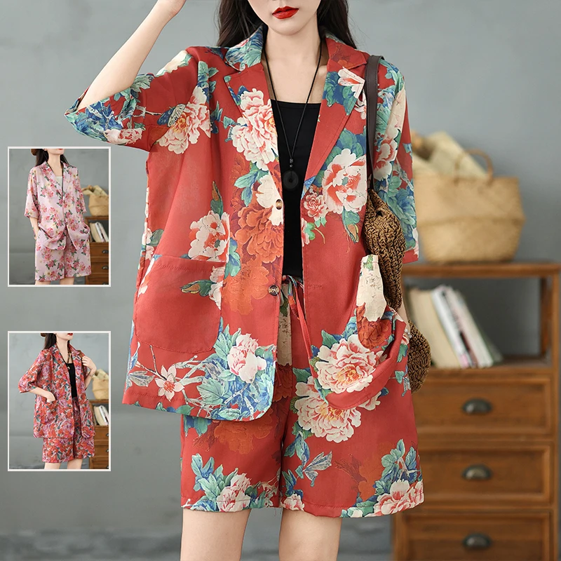 

Модный свободный комплект из двух предметов из хлопка и льна с воротником-стойкой и широкими штанинами для женщин старше 35 лет