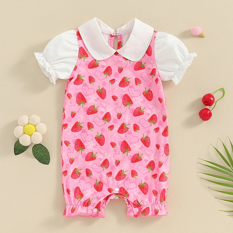 

Baby Girl Strawberry Rompers Cute Summer Clothes Doll Collar Puff Sleeve Frill Trim Heart Print Jumpsuit Infant Girl Clothes