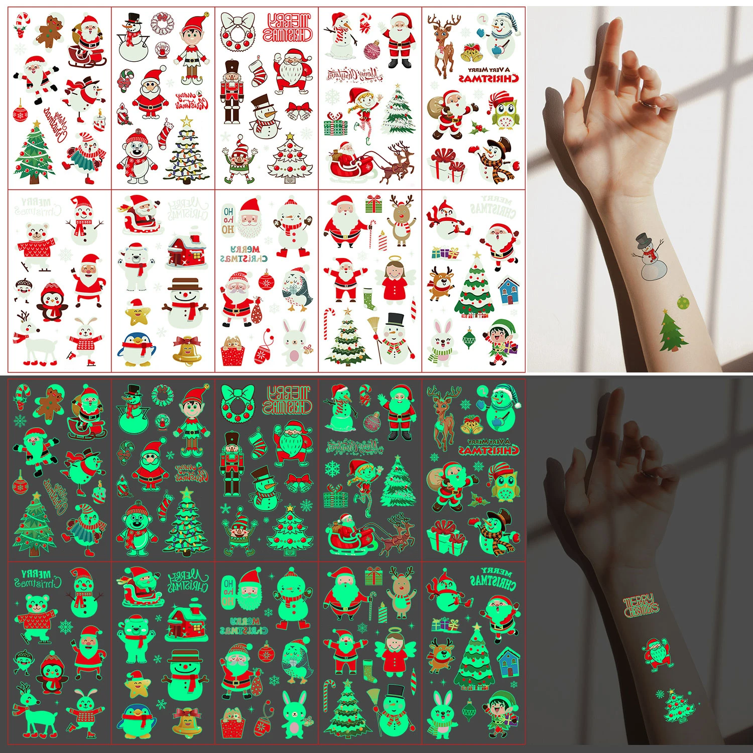 10 Sheets Christmas Luminous Tattoo Stickers,Cartoon Snowman Christmas Patterns,Glow In The Dark Waterproof Temporary Tattoos