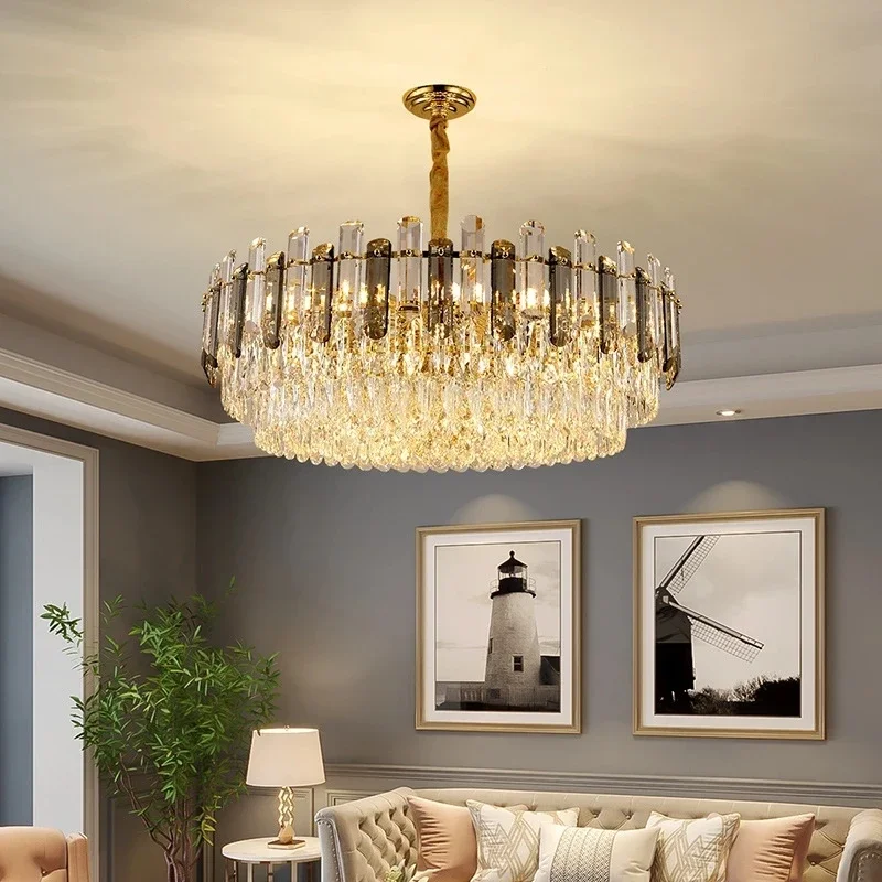 Imagem -01 - Luxo Cristal Led Lustre para Sala de Estar Quarto Hotel Lobby Rodada Ouro Pendurado Lâmpada Brilho do Teto Decoração de Casa Luzes luxo cristal led lustre para sala de estar quarto hotel lobby rodada ouro pendurado lampada brilho do teto decoracao de casa luzes 01