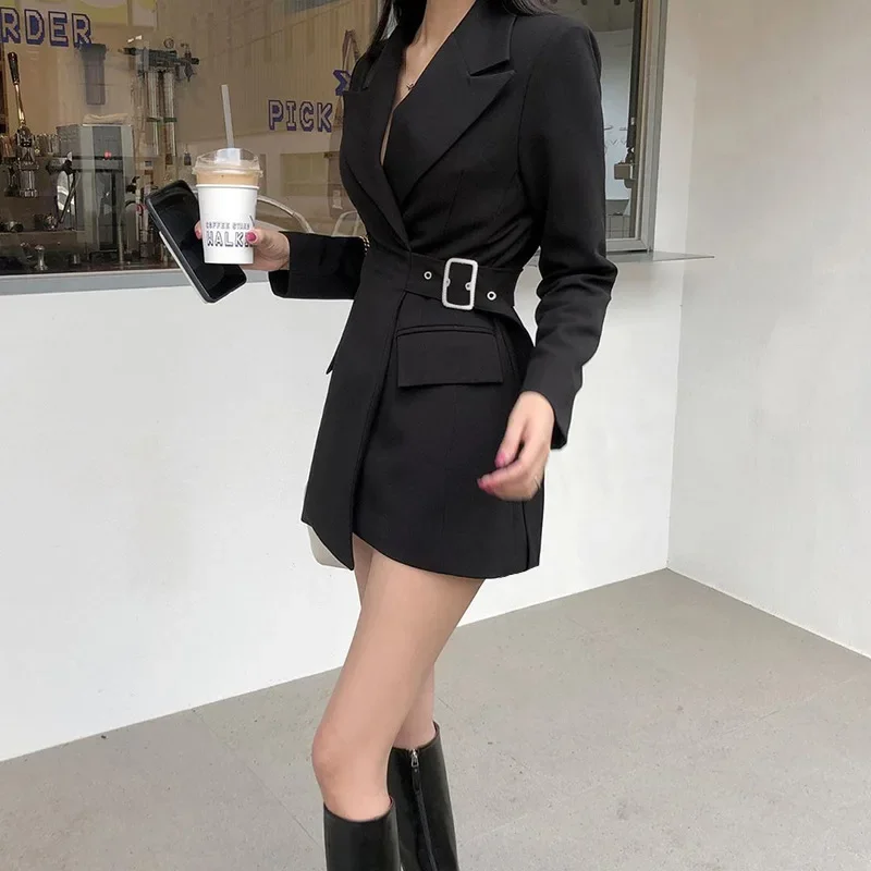 Women Solid Colors Black Buttonless Office Blazer with Sashes Business Suit Mid Length Spring Autumn New Fashion Blazers Korean