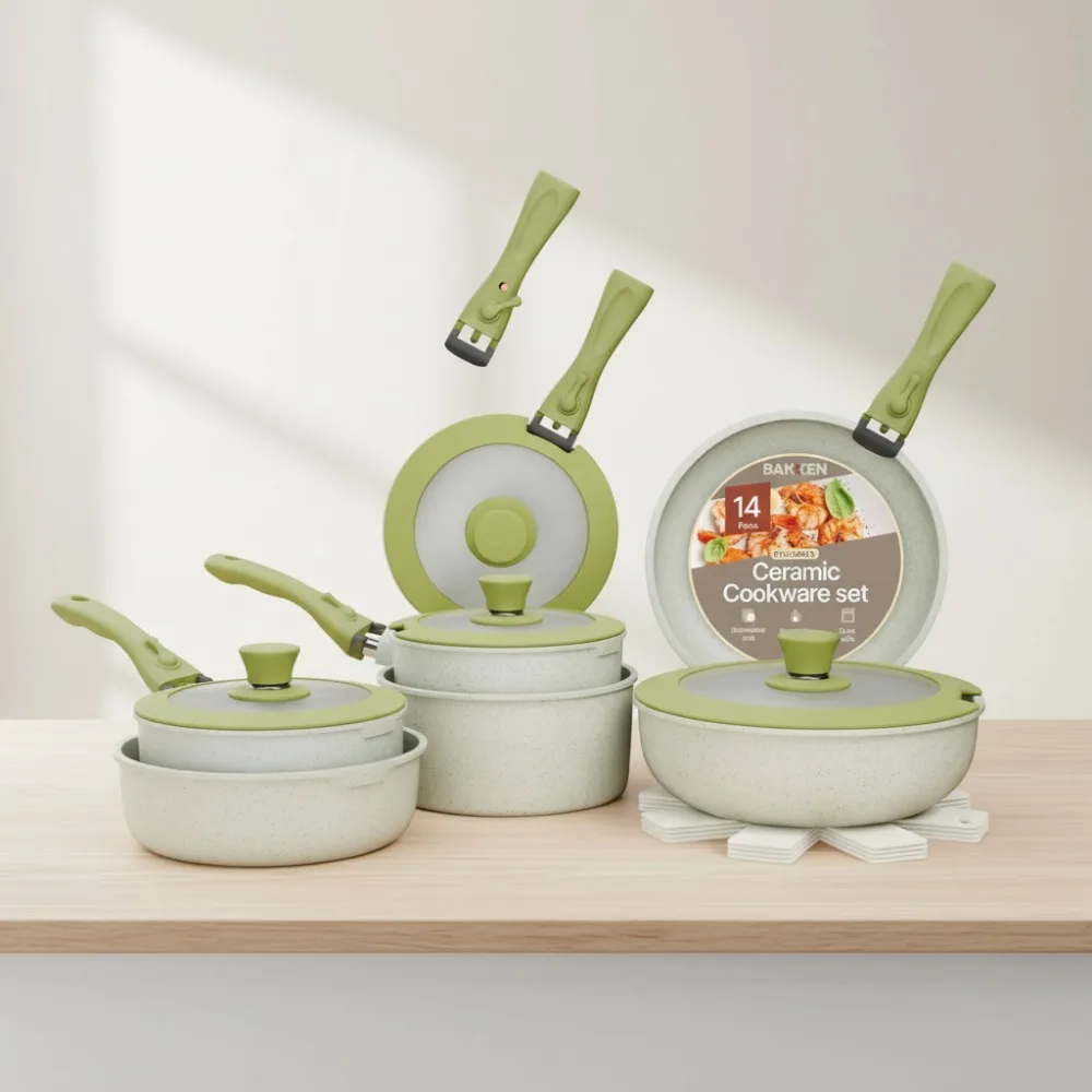 

Non-Stick Ceramic Pots and Pans Set 15-Piece Stackable Space-Saving Dishwasher Safe Oven All-Stove Compatible Green