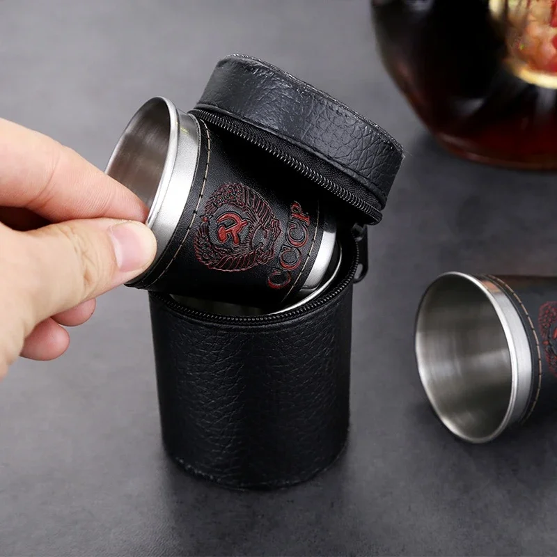 70ml Shot Glass Set 304 Stainless Steel Hip Flask Cup Outdoor Russia Vodka Cup Whiskey Alcohol Shot FlaskWith PU Leather