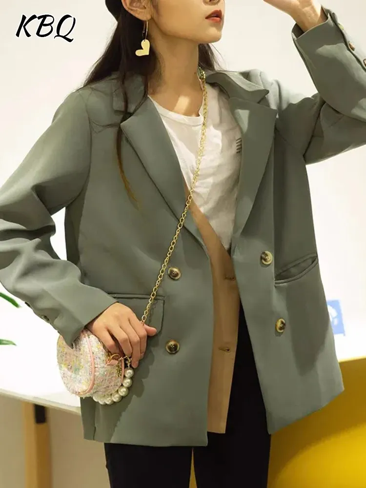 

KBQ Hit Color Spliced Buttons Blazer For Women Notched Collar Long Sleeve Patchwork Pockets Loose Casual Blazers Female Fashion