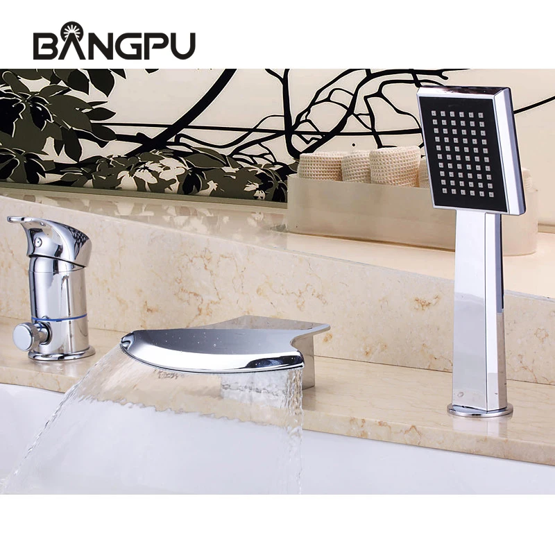 

Roman Tub Faucets Set with Hand Shower Deck Mount Bathtub Faucet Set 3 Hole Waterfall Tub Faucet with Handheld Shower Chrome