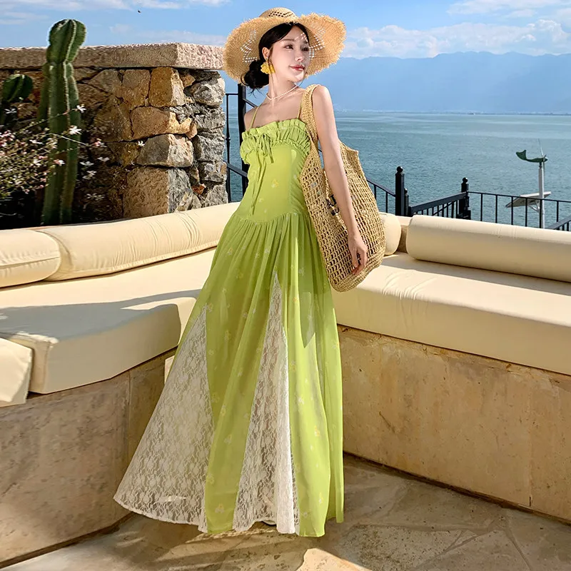 Green Floral Print Dress for Women 2026 Summer New French Style Temperament Lace Splicing Woman Clothes Holiday Sleeveless Dress