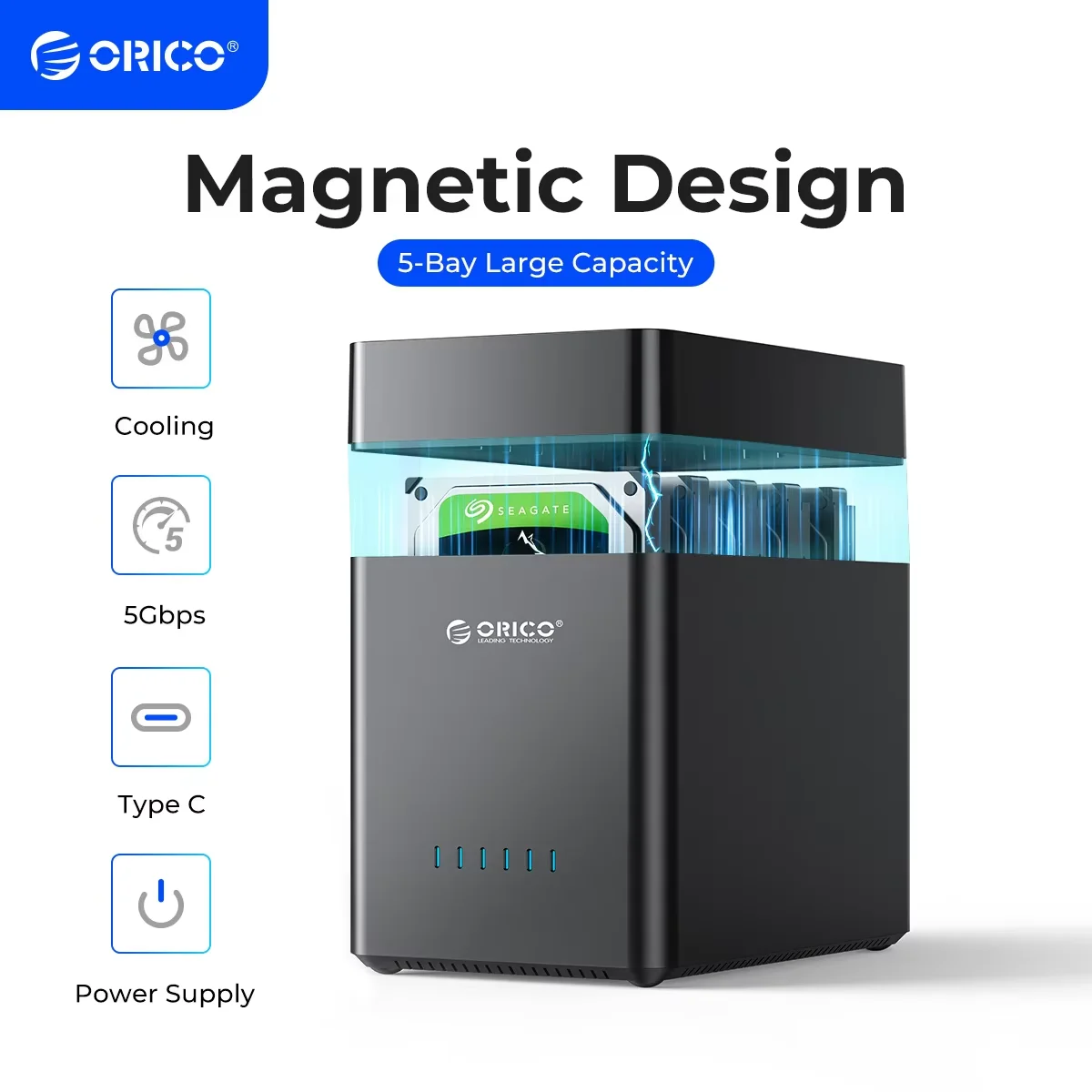 

ORICO DS Series 5-слотный 3,5-дюймовый USB-корпус для жесткого диска Магнитный чехол для жесткого диска SATA-USB3.0/Type-C для добычи альткомов