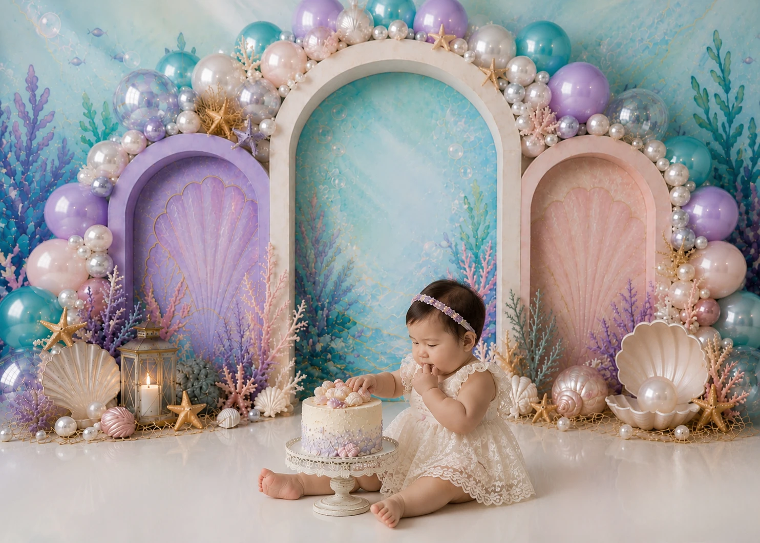 Różowy kwiatowy łuk balonowy, tło do sesji zdjęciowej na pierwsze urodziny, tło do tortu, tło do fotografii portretowej dziewczynki, tło do zdjęć w studio. — zdjęcie produktu 6