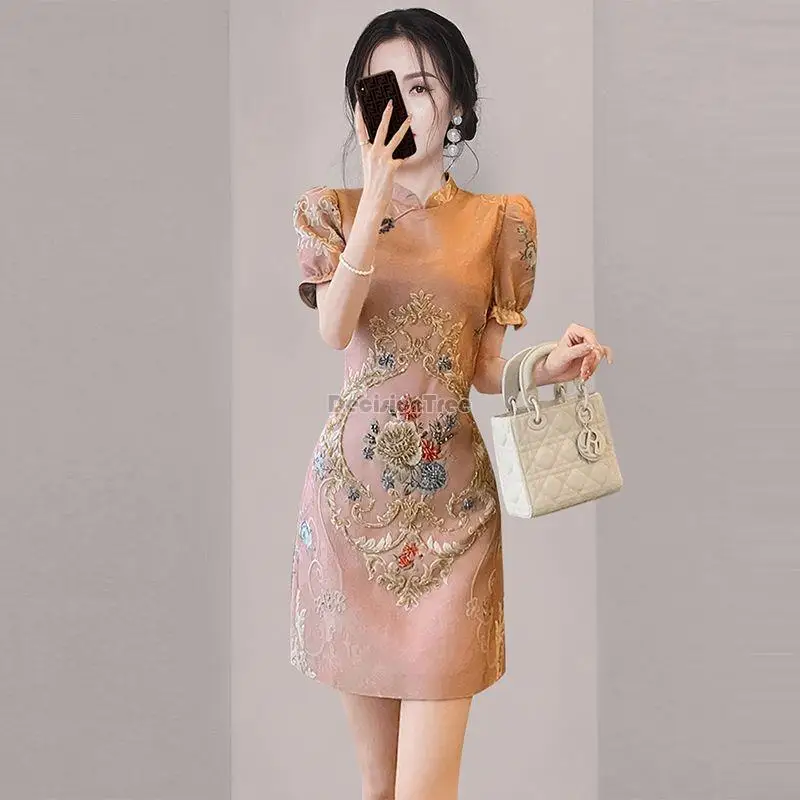 2024 chinese style improved cheongsam dress vintage style women\'s dress chinoiserie retro embroidery a-line skirt floral qipao