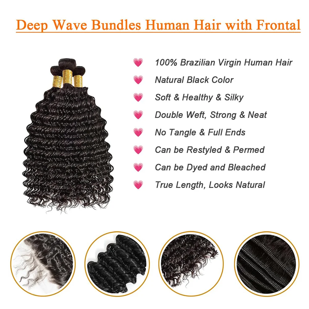 Pacotes de cabelo humano com fechamento para mulheres, 13x4 extensão frontal do laço, 30 em, 3 pacotes, tecer, onda profunda, remy, cabelo humano, 3 pacotes